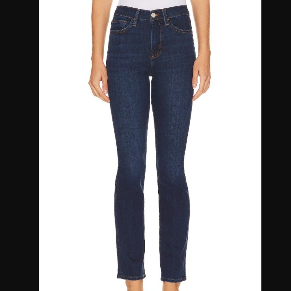 FRAME Le High Straight Long Jeans in Med-Dark Blue "Majesty", Size 25